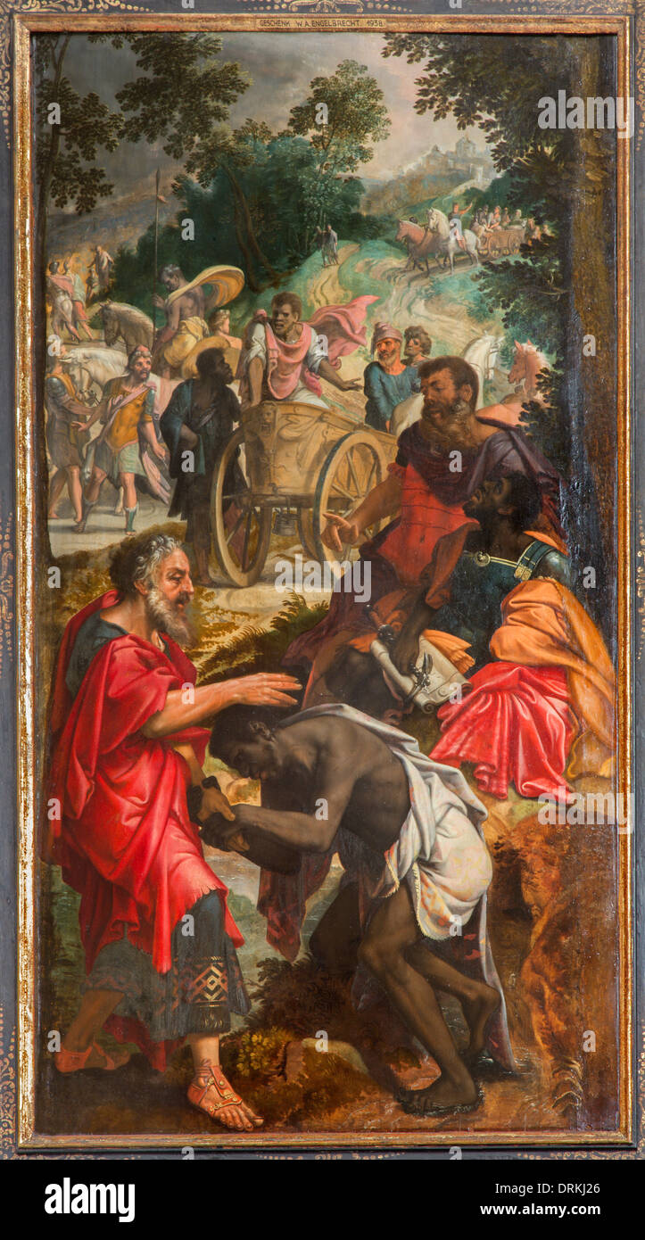 Anvers - peinture de scène - Baptême de l'eunuque éthiopien par Philippe par peintre inconnu dans la cathédrale de Notre-Dame. Banque D'Images