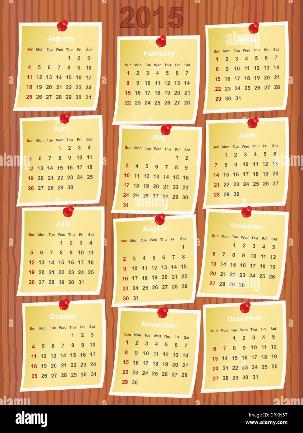 Notes sur l'année civile 2015 épinglé sur planche de bois Banque D'Images