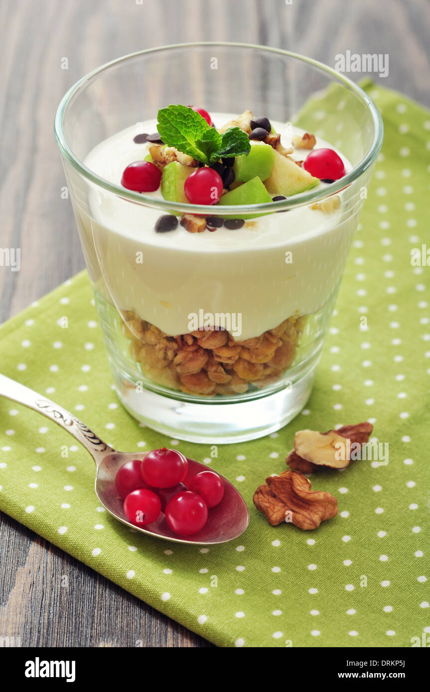 Dessert Maison avec Apple, les noix, les canneberges, le yogourt et granola dans les verres Banque D'Images