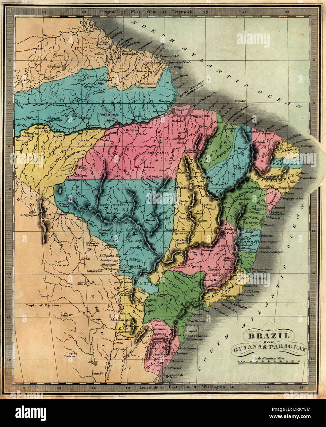 Carte du Brésil avec le Paraguay et la Guyane. 1834 Banque D'Images