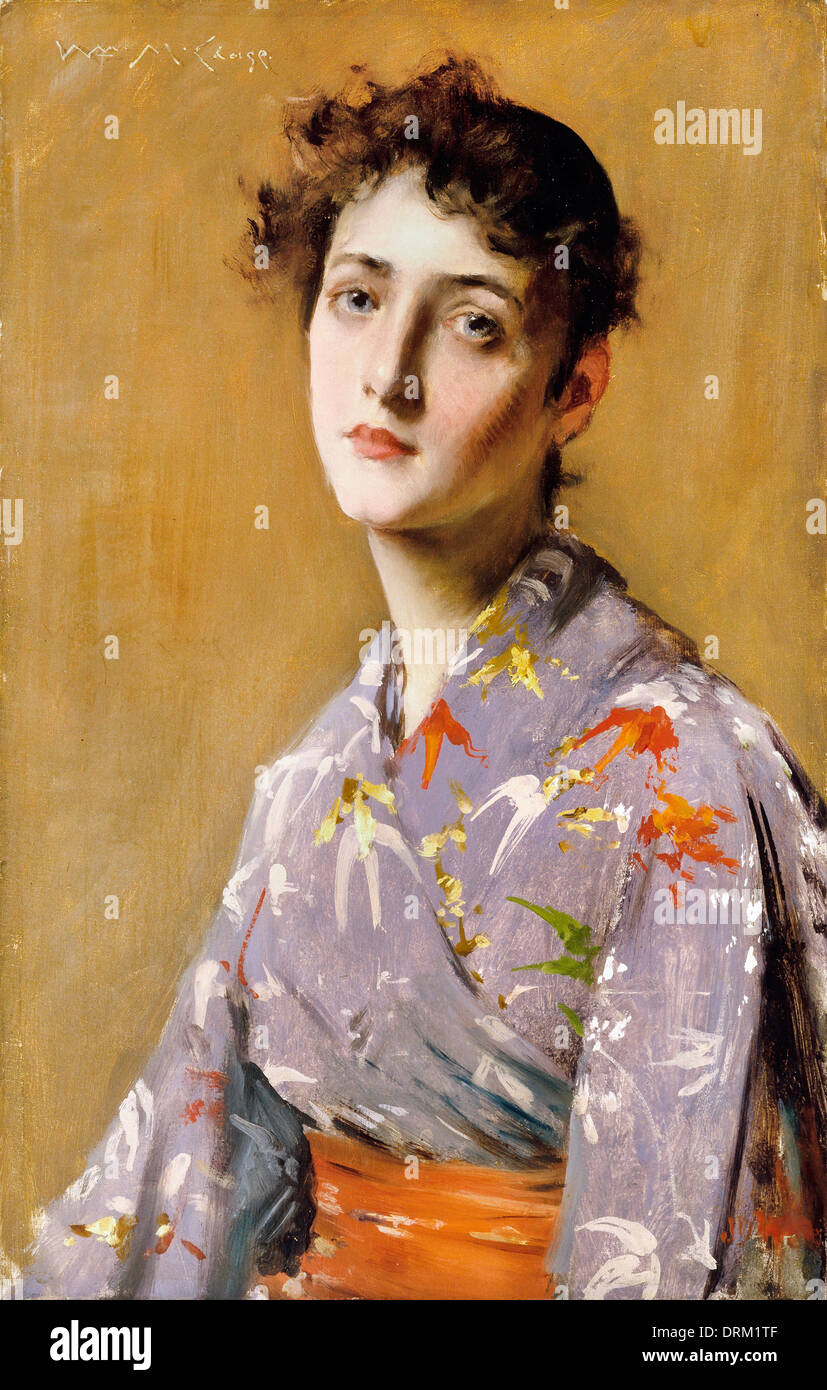 William Merritt Chase, jeune fille dans un costume japonais. Vers 1890. Huile sur toile. Le Musée de Brooklyn, New York City, USA. Banque D'Images