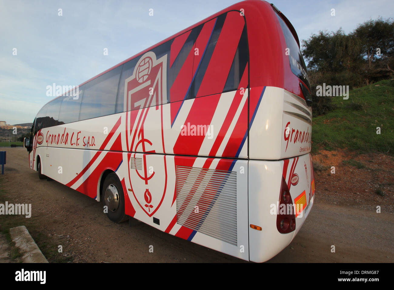 Photographie par Tony Henshaw Granada CF l'équipe de football coach bus Décembre 2013 Banque D'Images