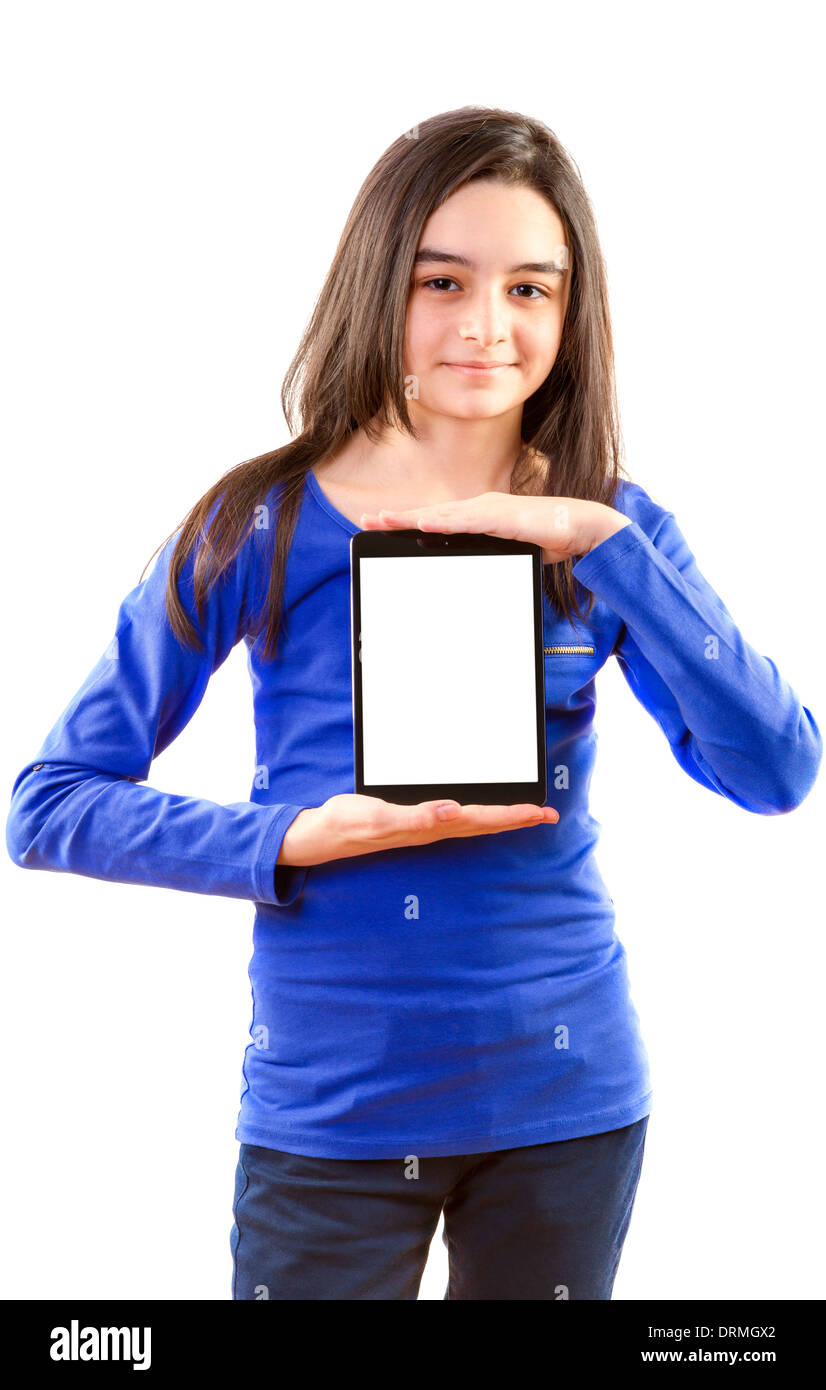 Happy teen girls with digital tablet sur fond blanc Banque D'Images