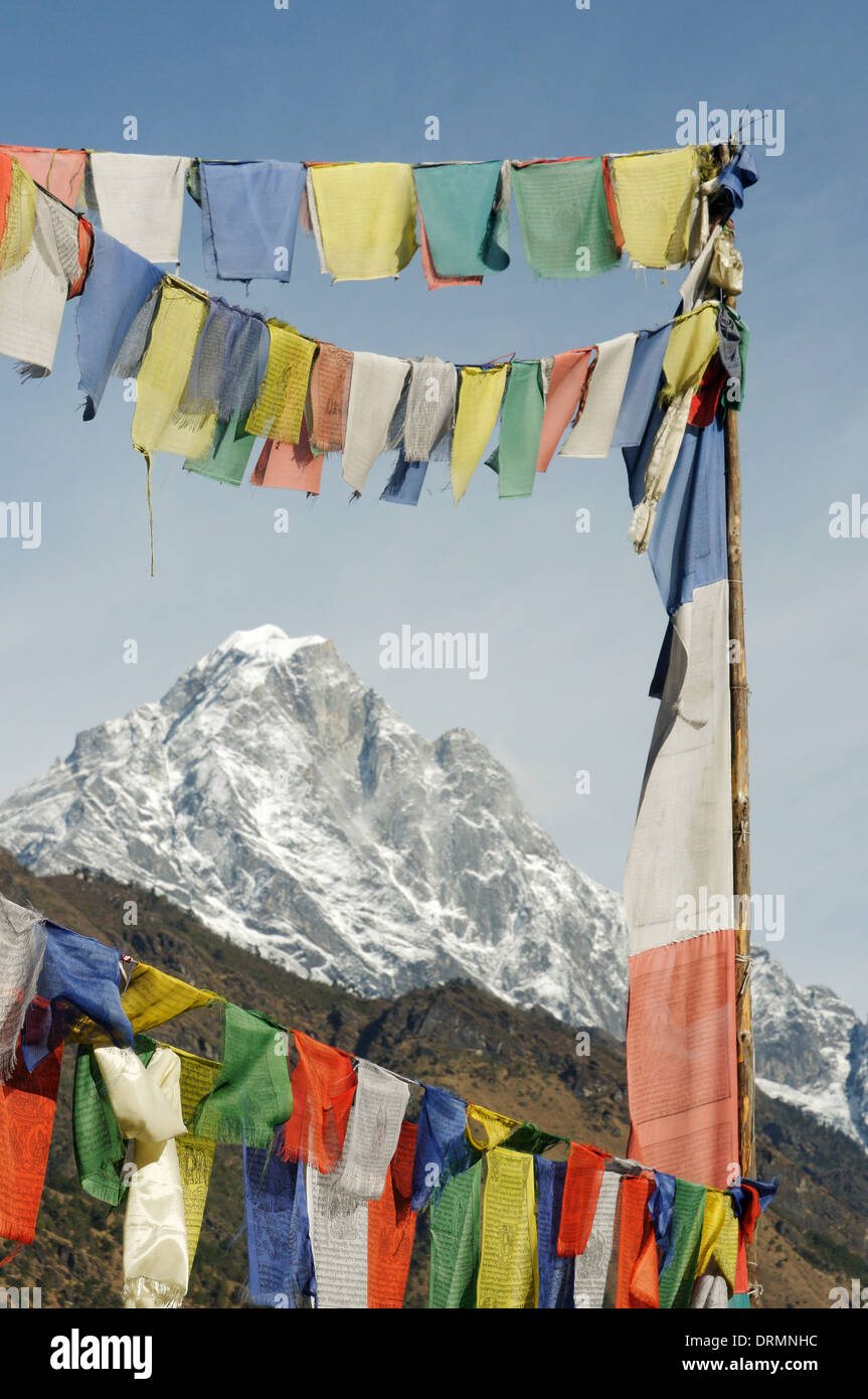 Drapeaux de prière de couleur et d'un pic de l'himalaya Banque D'Images