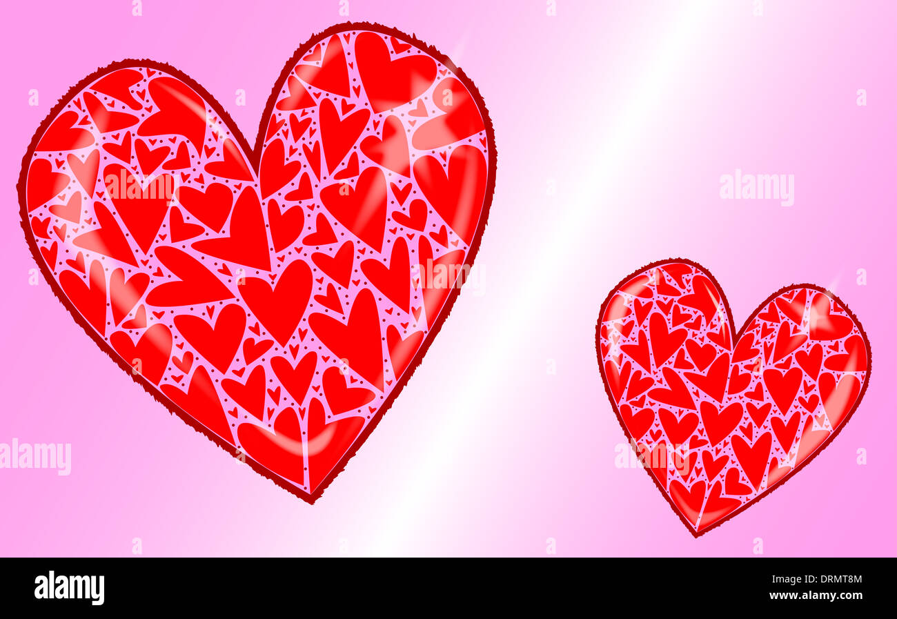 Un Grand Et Petit Coeur D Amour Chacune Composee De Plusieurs Petits Cœurs Contre Un Fond Rose Photo Stock Alamy
