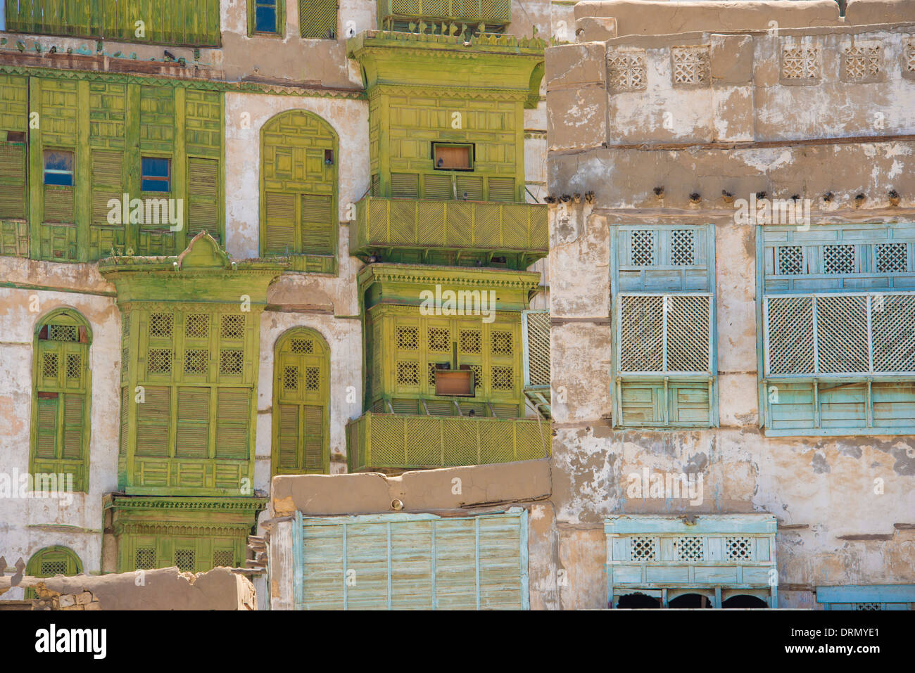 Détail des bâtiments en Al-Balad (vieille ville) Jeddah, Arabie saoudite Site du patrimoine mondial de l'UNESCO Banque D'Images