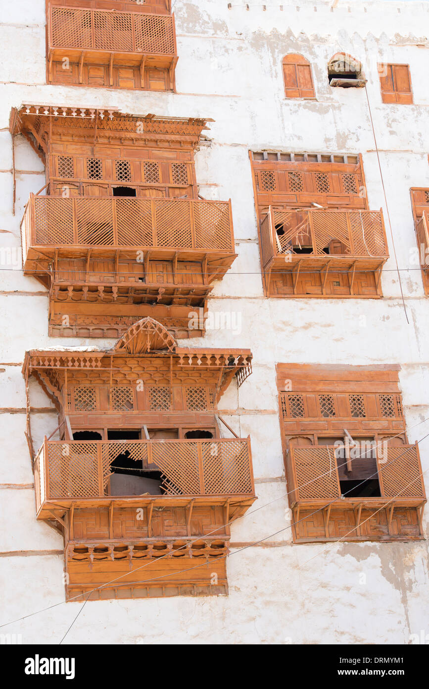 Détail des bâtiments en Al-Balad (vieille ville) Jeddah, Arabie saoudite Site du patrimoine mondial de l'UNESCO Banque D'Images