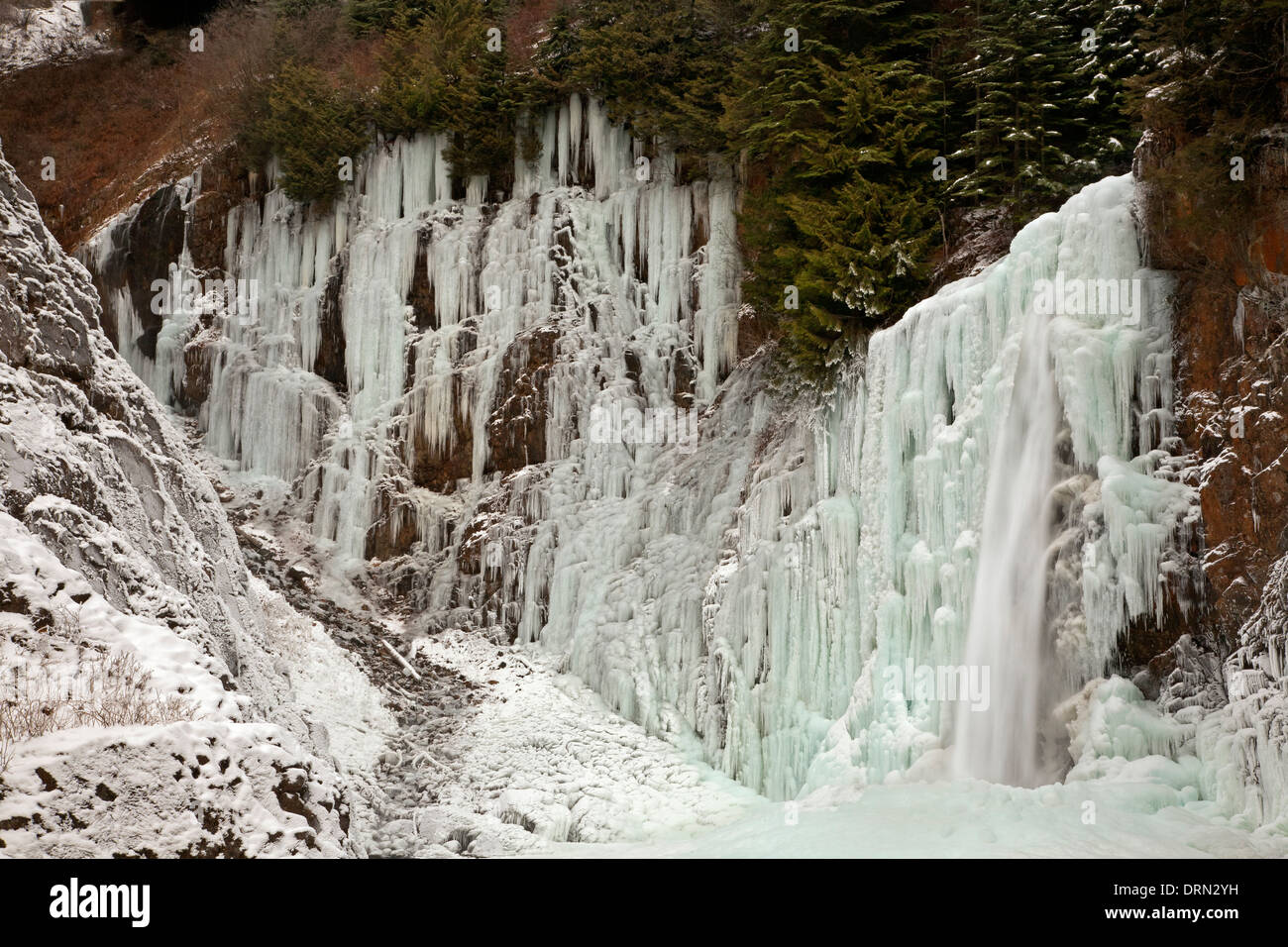 Ice et congelé de pulvérisation des South Fork River à Snoqualmie Falls Franklin dans le mont Baker-Snoqualmie National Forest. Banque D'Images