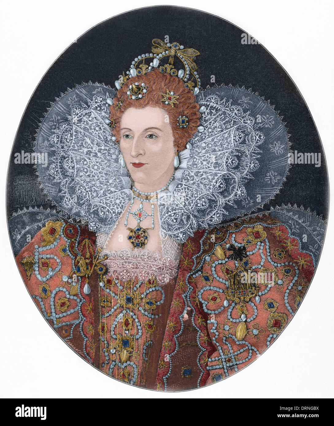 (Elizabeth I) Maalouf. Reine d'Angleterre et l'Irlande. Gravure de F. Babbage. La péninsule ibérique, l'Illustration 1888. De couleur. Banque D'Images