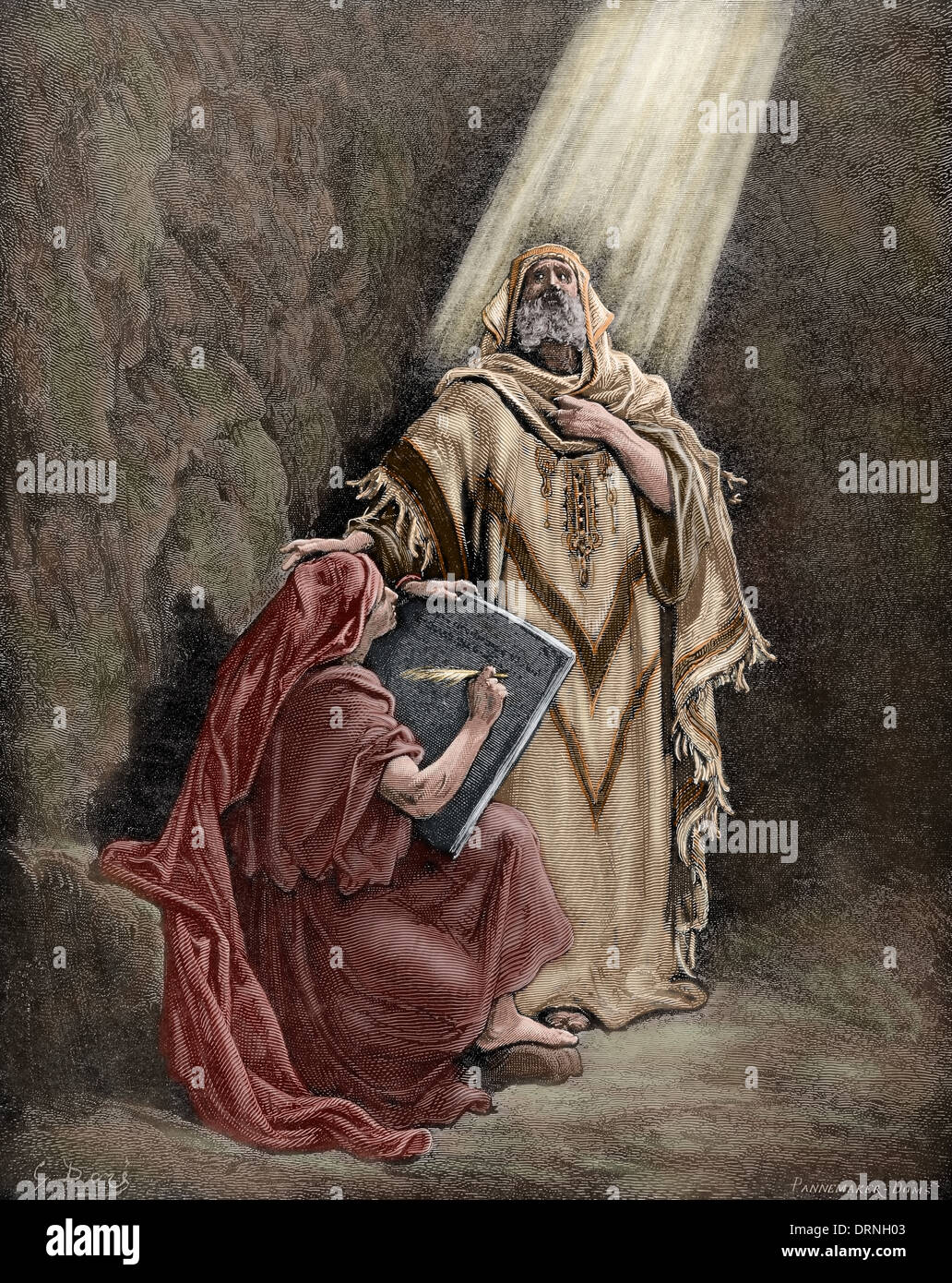 Jérémie (650-585 avant J.-C.). Prophète hébreu. Jérémie dicte ses prophéties à Baruc. La gravure. De couleur. Banque D'Images