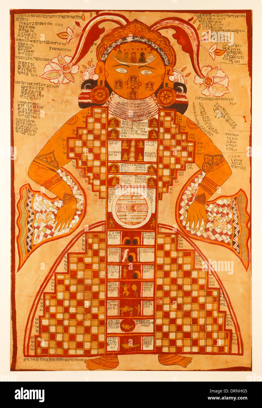Purushkara Jain, Yantra figure cosmique gouache sur soie de Rajasthan Inde vers 1780 montrant le ciel et l'enfer Jambudvipa. Banque D'Images