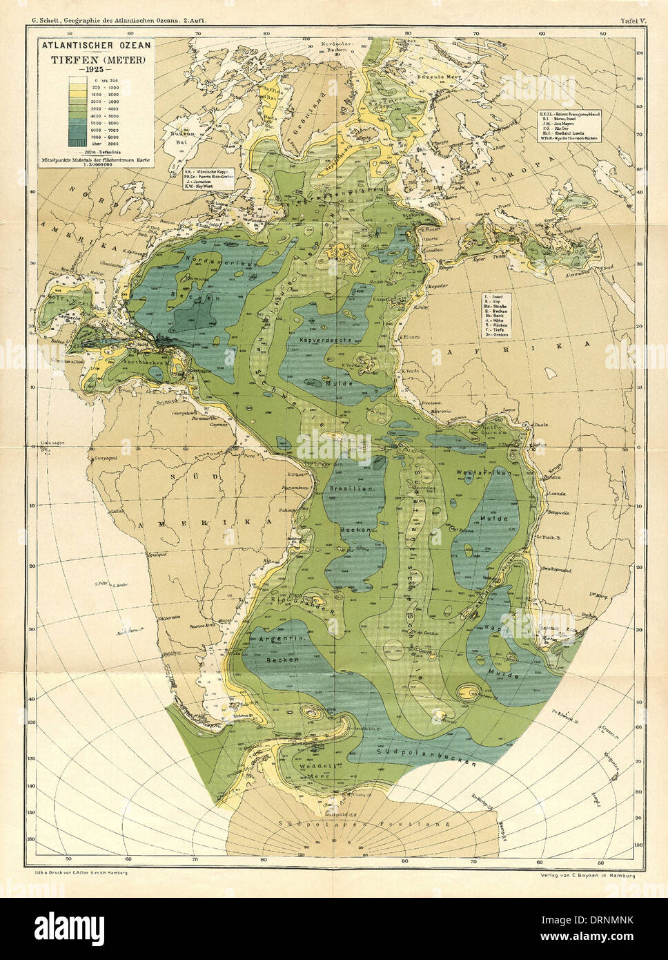 Carte de l'océan Atlantique à partir de das Atlantischen Ozeans géographique publié en 1925 par l'océanographe Allemand Gerhard Schott. La carte montre les principales caractéristiques et la topographie. Banque D'Images