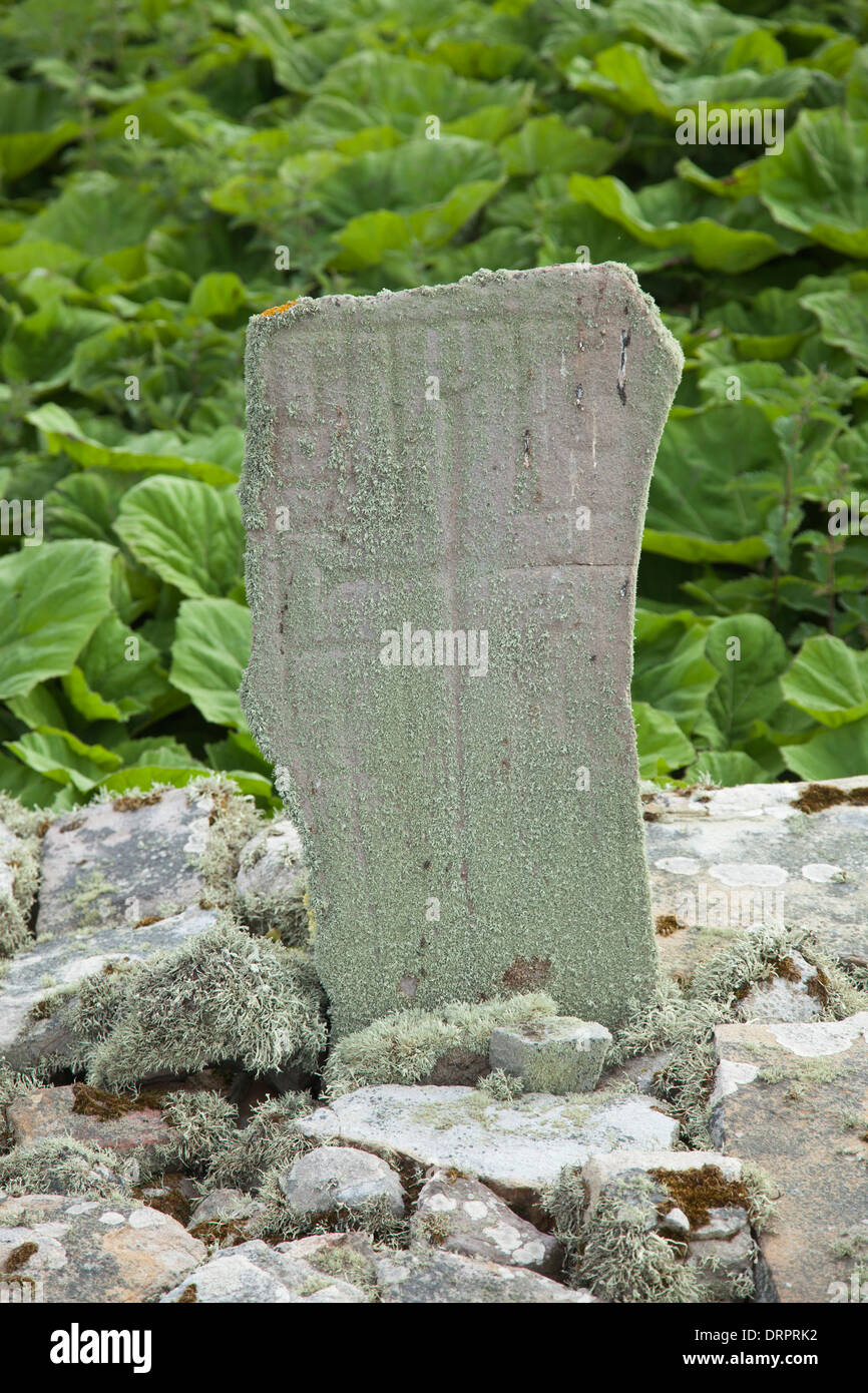 Pilier sculpté croix à partir d'un monastère du 6ème siècle, Inishmurray island, Comté de Sligo, Irlande. Banque D'Images