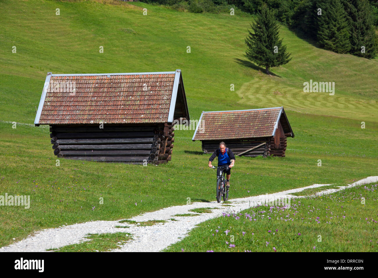 Personnes âgées / Cycliste Vélo VTT Cours des huttes de bois / greniers le long du lac Gerold / Geroldsee près de Mittenwald, Allemagne Banque D'Images