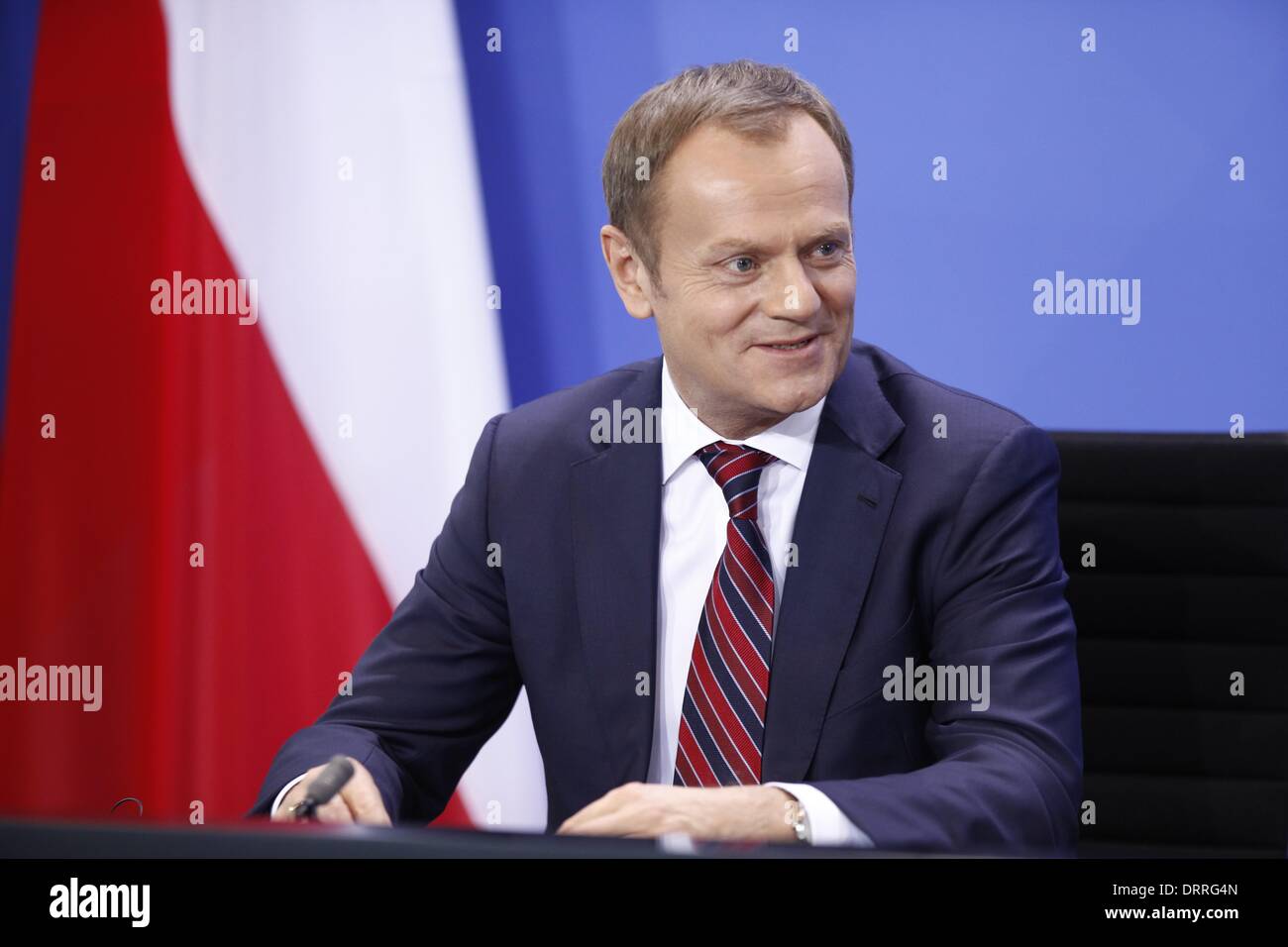 Berlin, Allemagne. Jan 31, 2014. La Chancelière fédérale Merkel reçoit de lui le premier ministre polonais Donald Tusk dans le bureau du chancelier. La Chancelière fédérale Merkel et le Premier ministre Tusk donner une conférence de presse conjointe sur le sujet : la situation en Ukraine ainsi que des accords bilatéraux et Europolitical. / Photo : Le Premier ministre polonais Donald Tusk Crédit : Reynaldo Paganelli/NurPhoto ZUMAPRESS.com/Alamy/Live News Banque D'Images