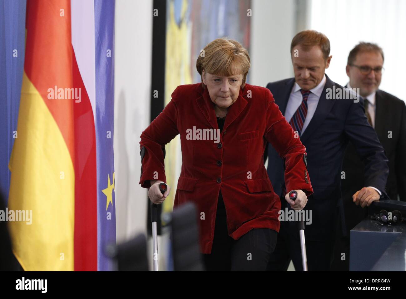 Berlin, Allemagne. Jan 31, 2014. La Chancelière fédérale Merkel reçoit de lui le premier ministre polonais Donald Tusk dans le bureau du chancelier. La Chancelière fédérale Merkel et le Premier ministre Tusk donner une conférence de presse conjointe sur le sujet : la situation en Ukraine ainsi que des accords bilatéraux et Europolitical. / Photo : Allemagne la chancelière Merkel. Credit : Reynaldo Paganelli/NurPhoto ZUMAPRESS.com/Alamy/Live News Banque D'Images