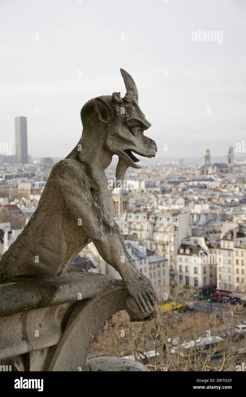 Gargouille sur la façade occidentale de la cathédrale Notre-Dame dans le quatrième arrondissement de Paris, l'Ile de la Cité, Paris. La France. Banque D'Images