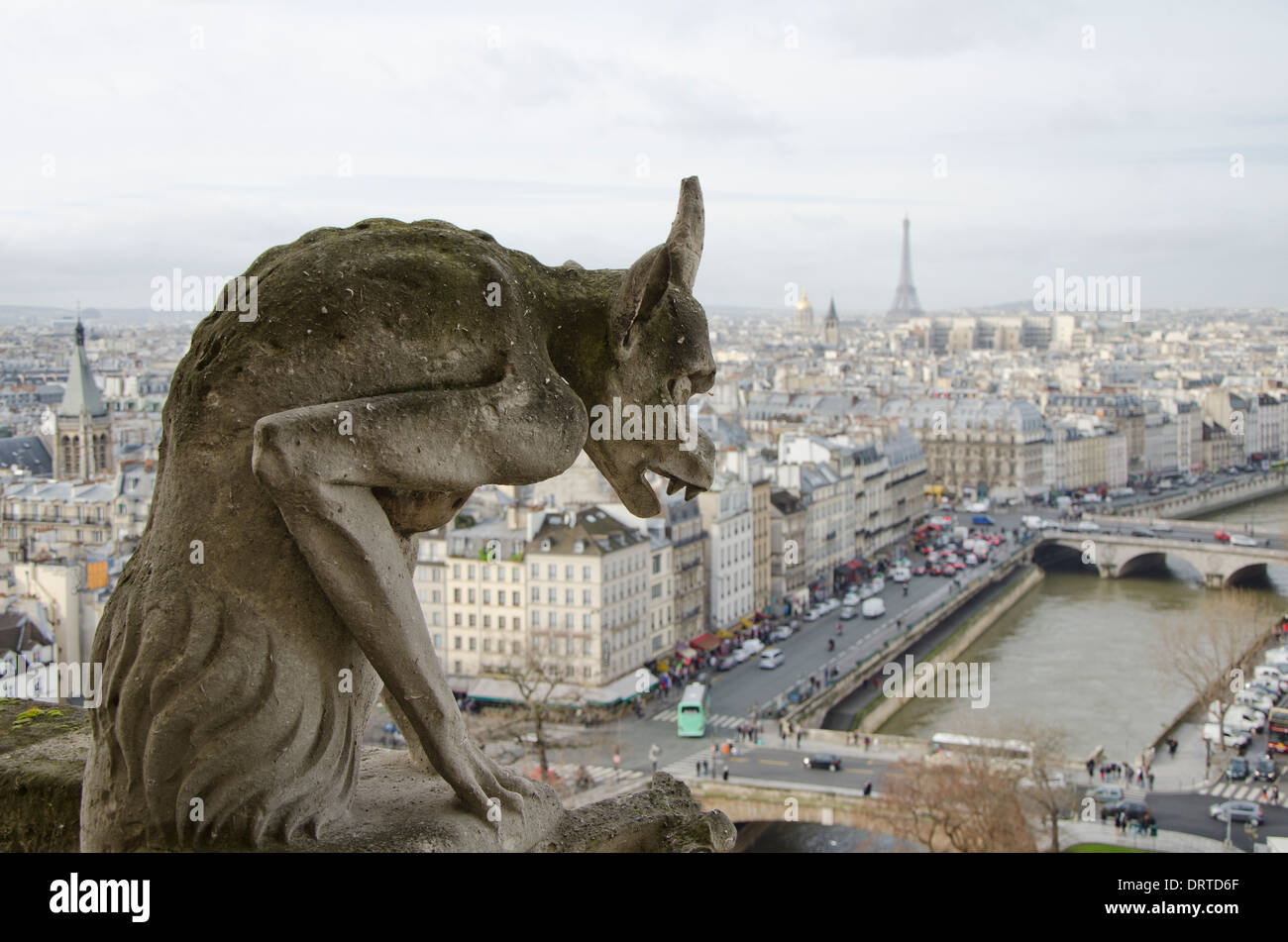Gargouille sur la façade occidentale de la cathédrale Notre-Dame dans le quatrième arrondissement de Paris, l'Ile de la Cité, Paris. La France. Banque D'Images