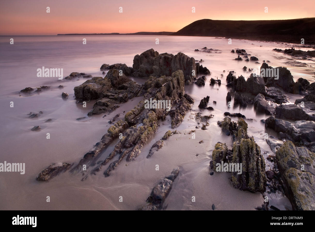 Les roches déchiquetées qui sort du sable à marée basse pendant le coucher du soleil sur la plage de Tenby, Pembrokeshire, Pays de Galles, Royaume-Uni Banque D'Images