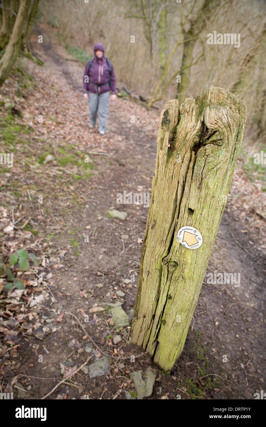 Une femme dans un manteau imperméable est en marche vers un sentier public signe cloué à un vieux post en bois. Banque D'Images