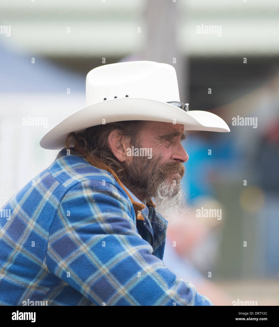 Homme barbu portant un stetson blanc - Taralga Rodeo - New South Wales - Australie Banque D'Images