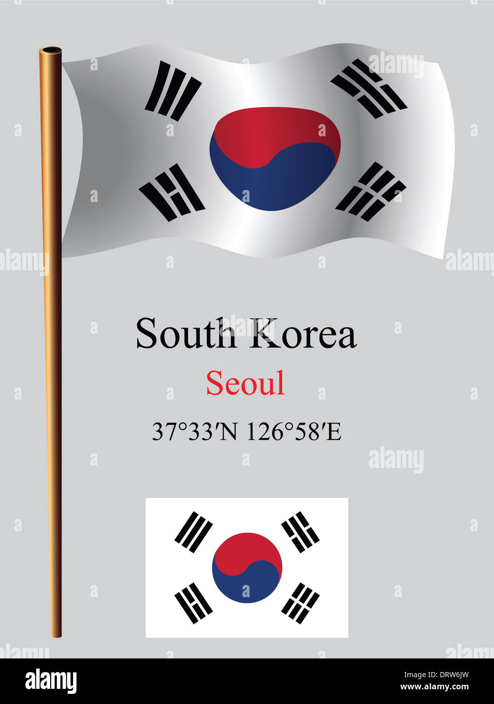 Corée du Sud drapeau onduleux et coordonne à l'arrière-plan gris, vectoriel, illustration image contient la transparence Banque D'Images