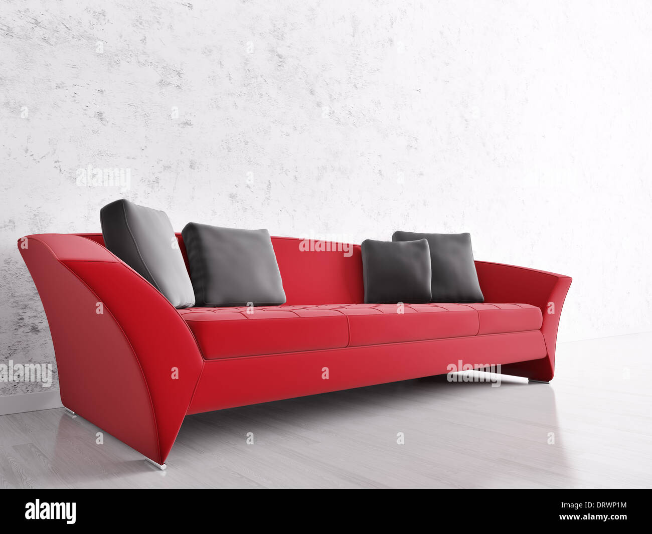 Intérieur moderne avec canapé rouge sur le mur en stuc Banque D'Images