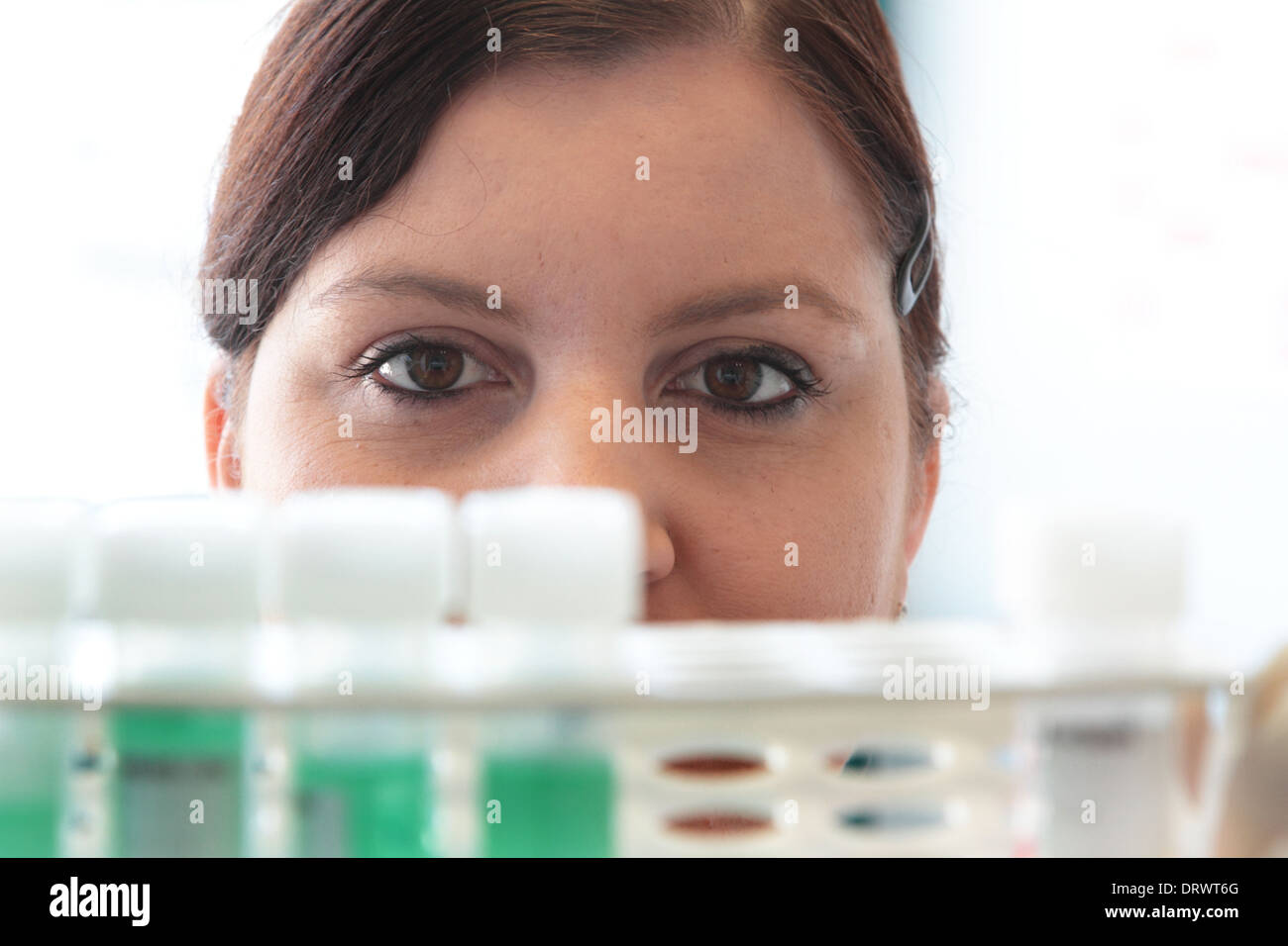 Jeune femme caucasienne technicien en travail de laboratoire avec l'échantillon dans un tube rack Banque D'Images