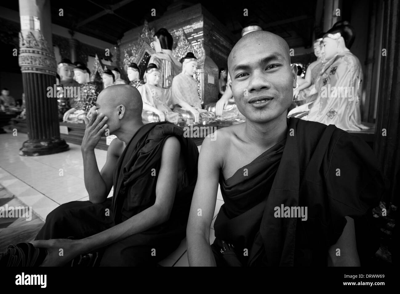 Le Myanmar, Yangon, Paya Shwedagon, moines Banque D'Images