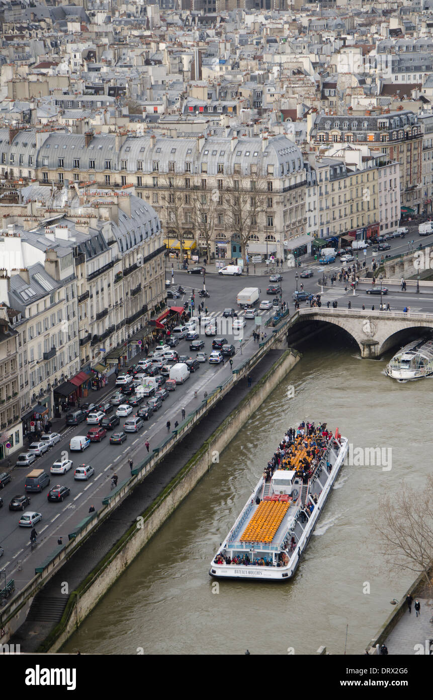 Bateau-mouche sur la Seine en passant par l'Ile de la Cité, Paris, France. Banque D'Images