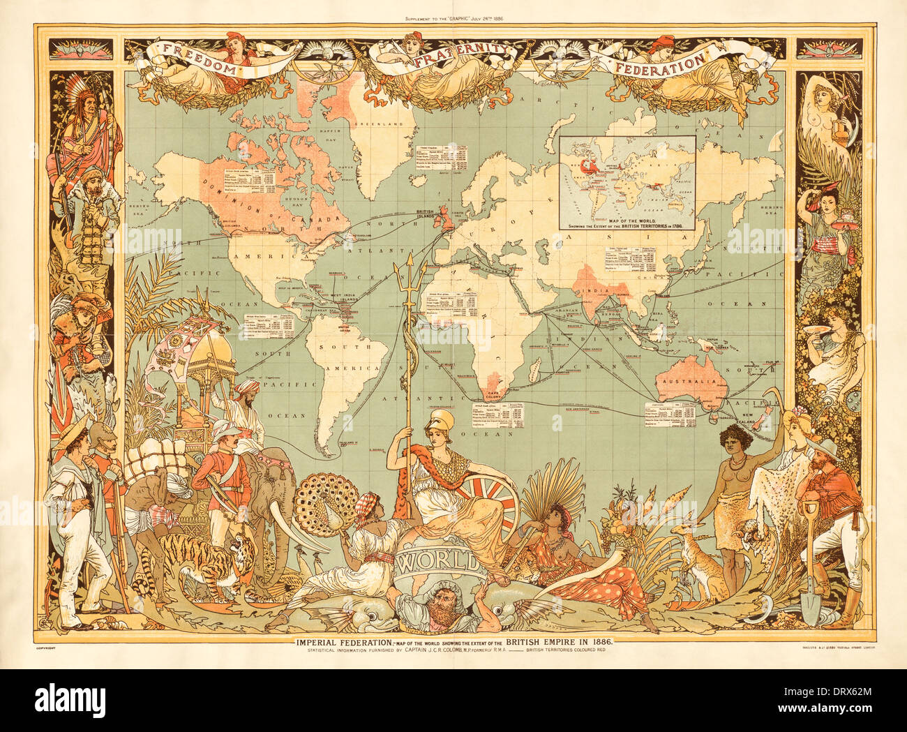 Carte montrant l'étendue de l'Empire britannique en 1886, distribué comme supplément au Journal hebdomadaire Graphique 24 Juillet 1886 Banque D'Images