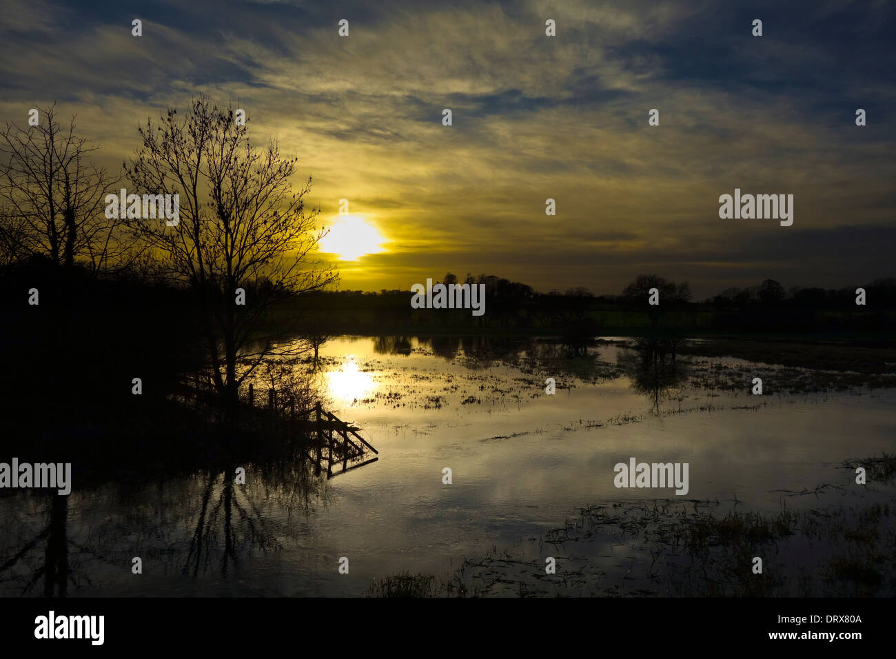 L'eau des marais inondés Prairie rivière crépuscule Norfolk Yare Banque D'Images