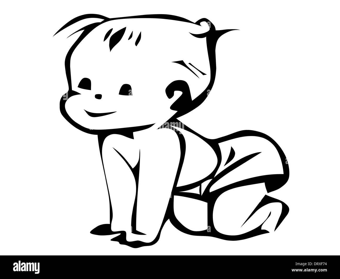 Illustration d'un enfant souriant assis sur ses genoux et ses mains reposant sur le sol. Banque D'Images