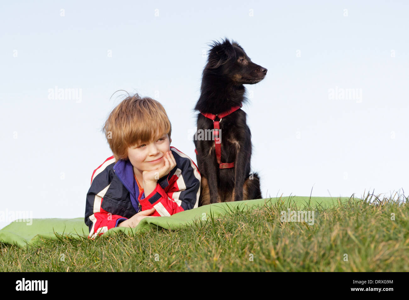 Jeune garçon couché à côté de son chien Banque D'Images