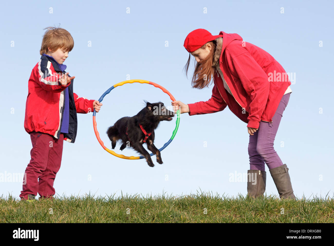 Jeune garçon et fille faire leur chien sauter à travers un cerceau Banque D'Images