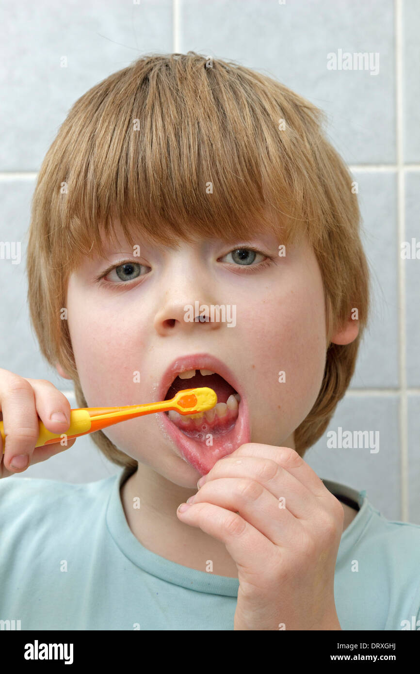 Portrait d'un jeune garçon se brosser les dents Banque D'Images