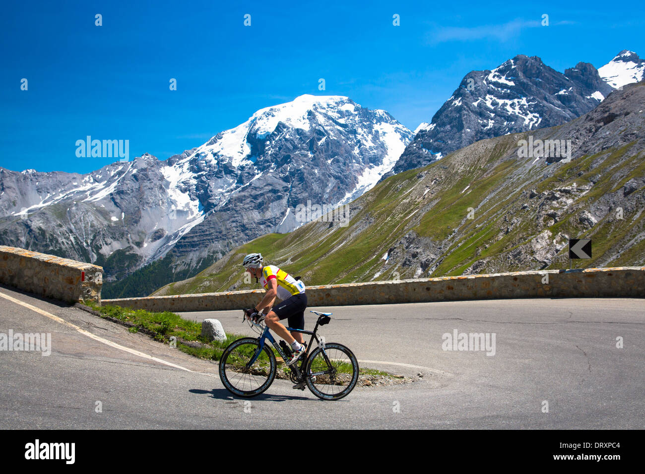 Randonnées cycliste britannique Scott roadbike montée sur le col du Stelvio, passo dello Stelvio Stilfser Joch,, dans les Alpes, Italie Banque D'Images