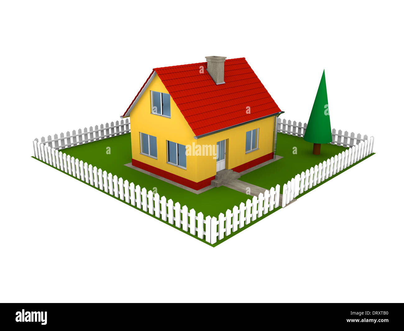 Illustration de la famille petite maison au toit rouge et vert jardin avec clôture blanche Banque D'Images