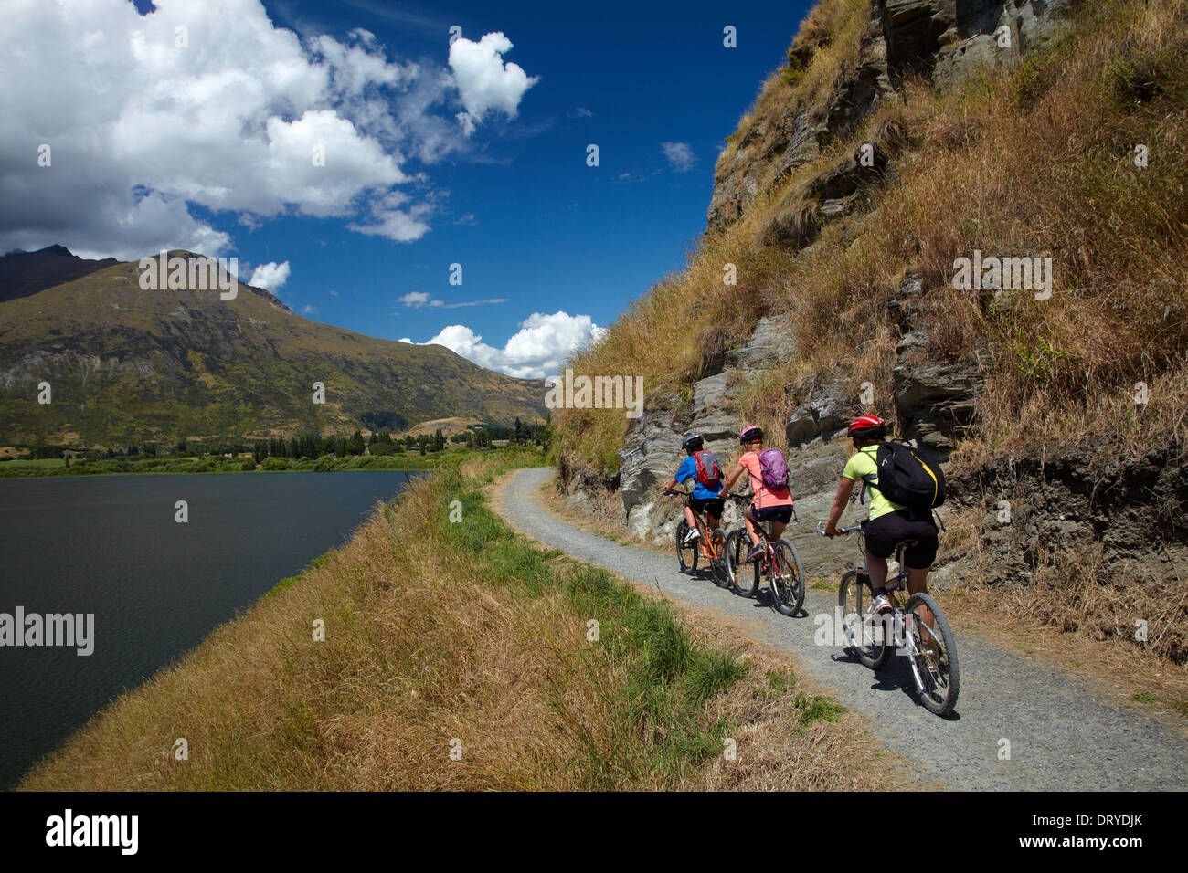 Mountain Bikers on Lake Hayes, Circuit Lake Hayes, près de Queenstown, Otago, île du Sud, Nouvelle-Zélande Banque D'Images