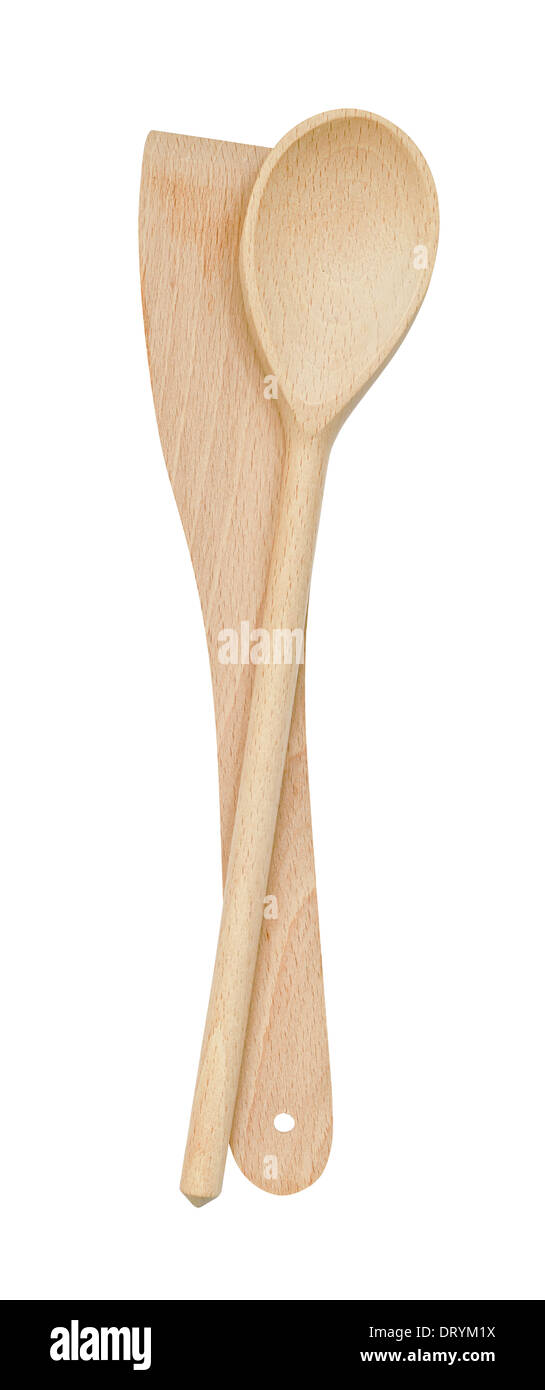 Paire de nouveaux ustensiles de cuisine en bois d'une cuillère de bois et la spatule isolé sur fond blanc Banque D'Images