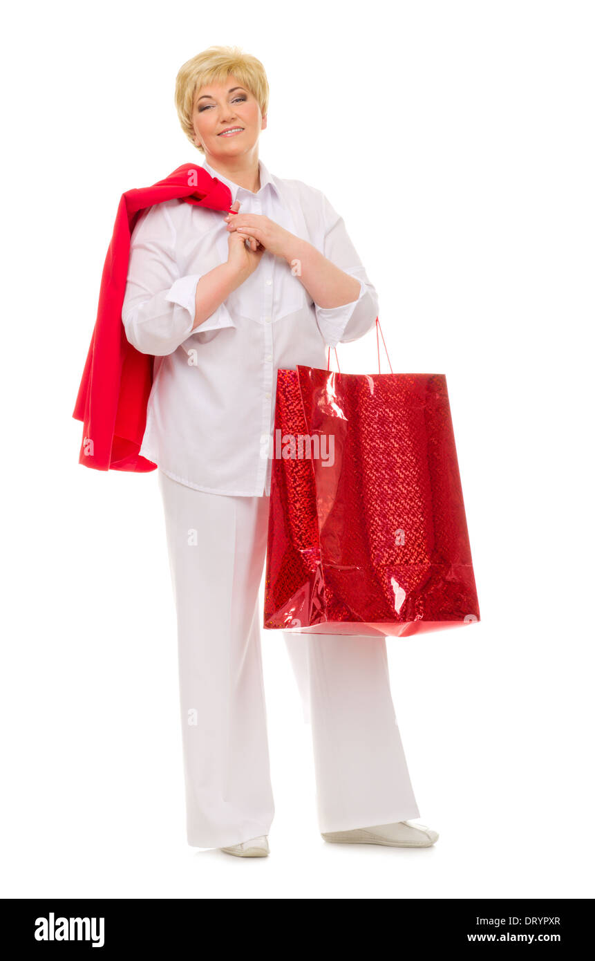 Happy senior Woman with bag isolated Banque D'Images