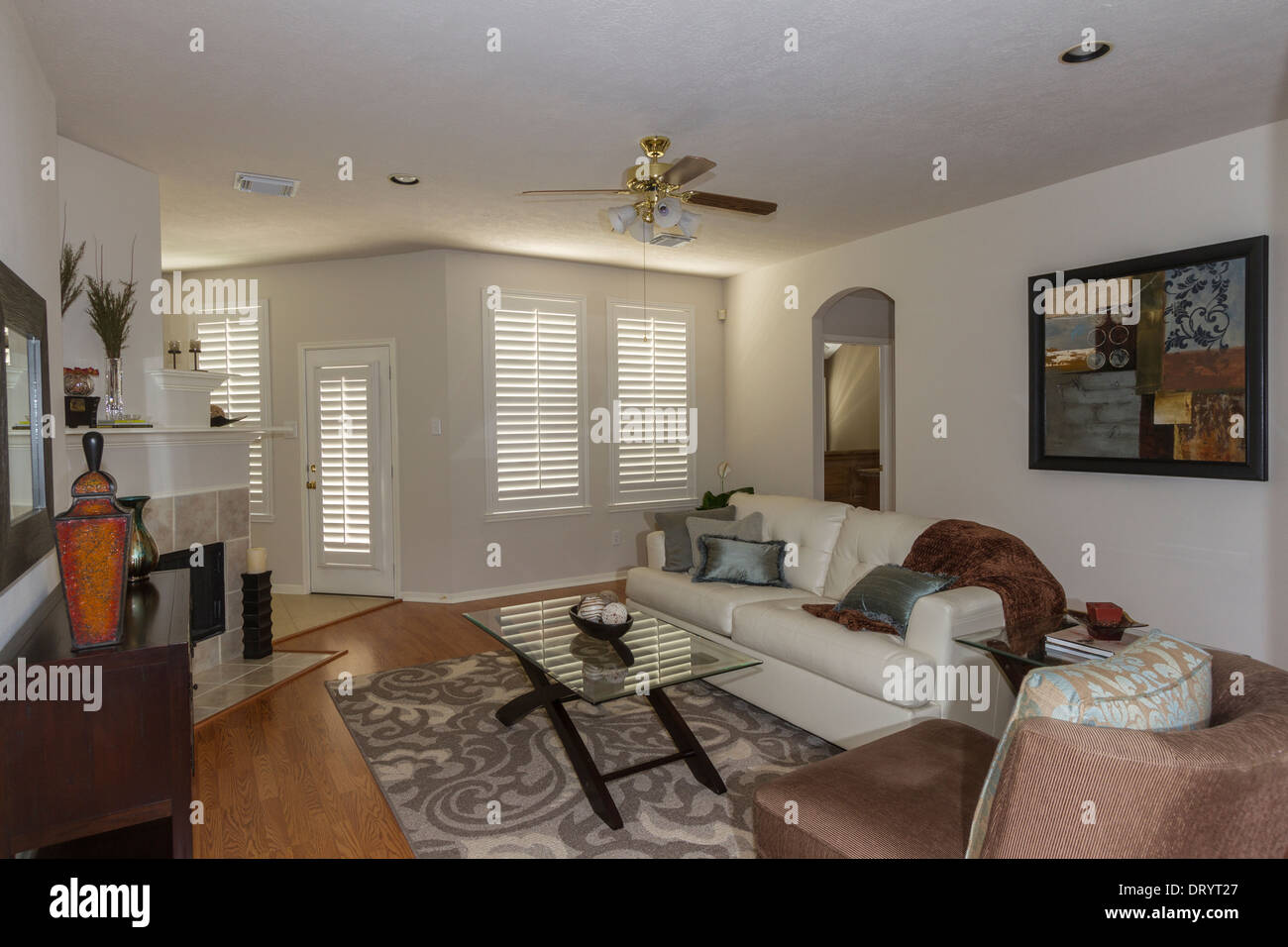 Séjour avec volets en bois sur mesure à la mi-taille suburban home Banque D'Images