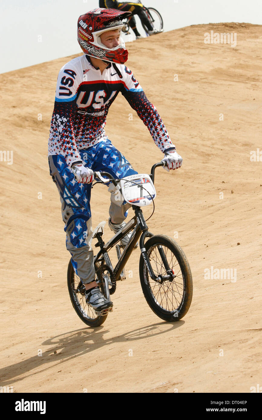 USA Connor les champs à la Coupe du monde de BMX Supercross dans le Parc olympique de Londres. Banque D'Images