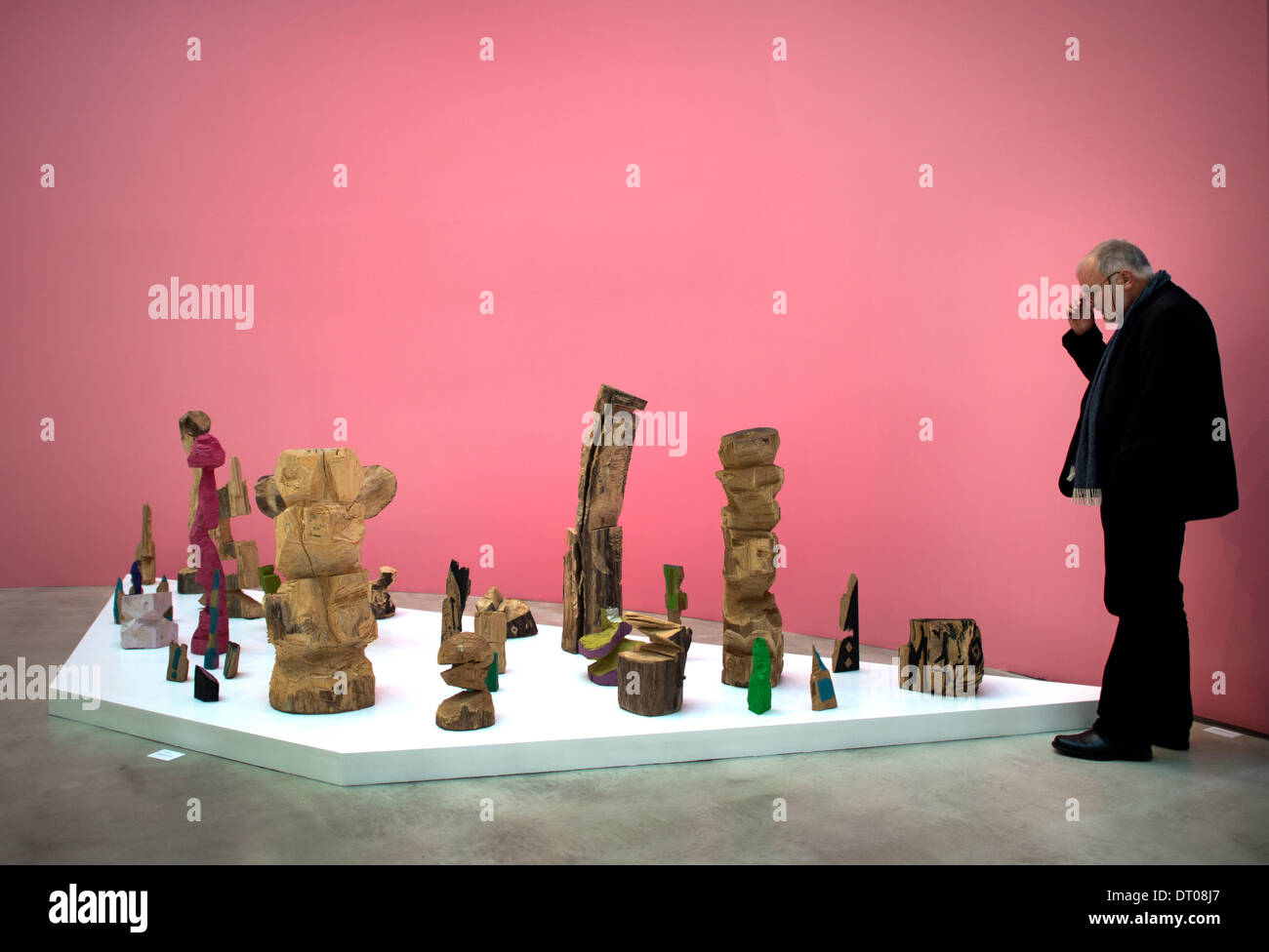 Recteur de l'Académie Matthias Fluegge examine l'installation '35 Skulpturen. Mit roter Axt gegen Holz ! Modell für Strategie ! ! !' (lit : 35 sculptures. Avec l'ax rouge au bois ! Modèle de stratégie !) (1979) par l'A.R. Penck dans l'exposition 'impulsions geradezu' dans le Okotogon de l'Académie des beaux-arts de Dresde, Allemagne, 05 février 2014. L'exposition est présentée du 07 février au 15 juin 2014 et marque le 250e anniversaire de la fondation de l'Académie des beaux-arts de Dresde Photo : ARNO BURGI Banque D'Images