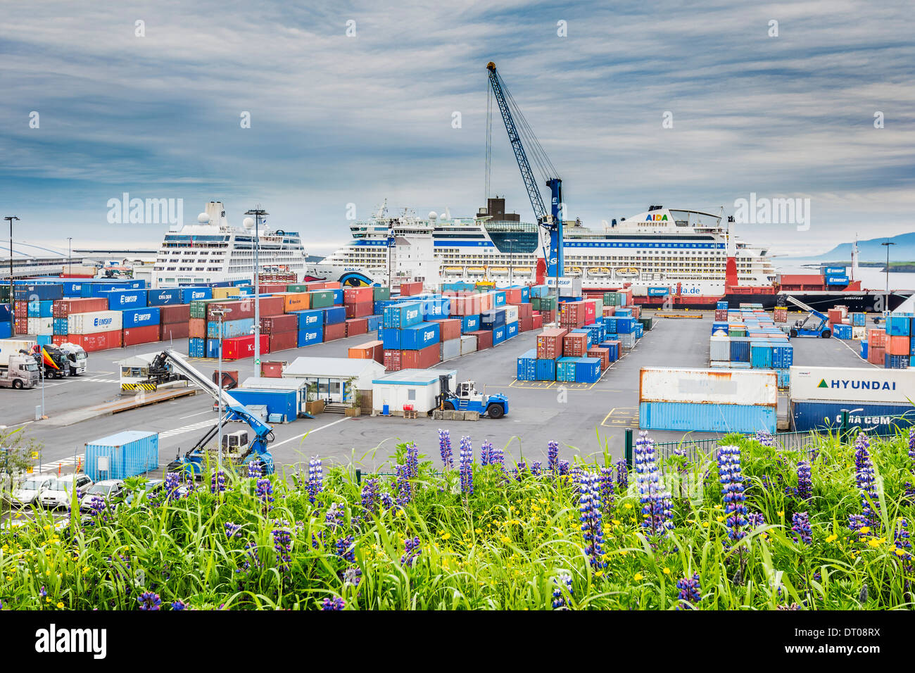 Les contenants d'expédition avec les grands navires de croisière dans le port de Reykajvik, Islande Banque D'Images