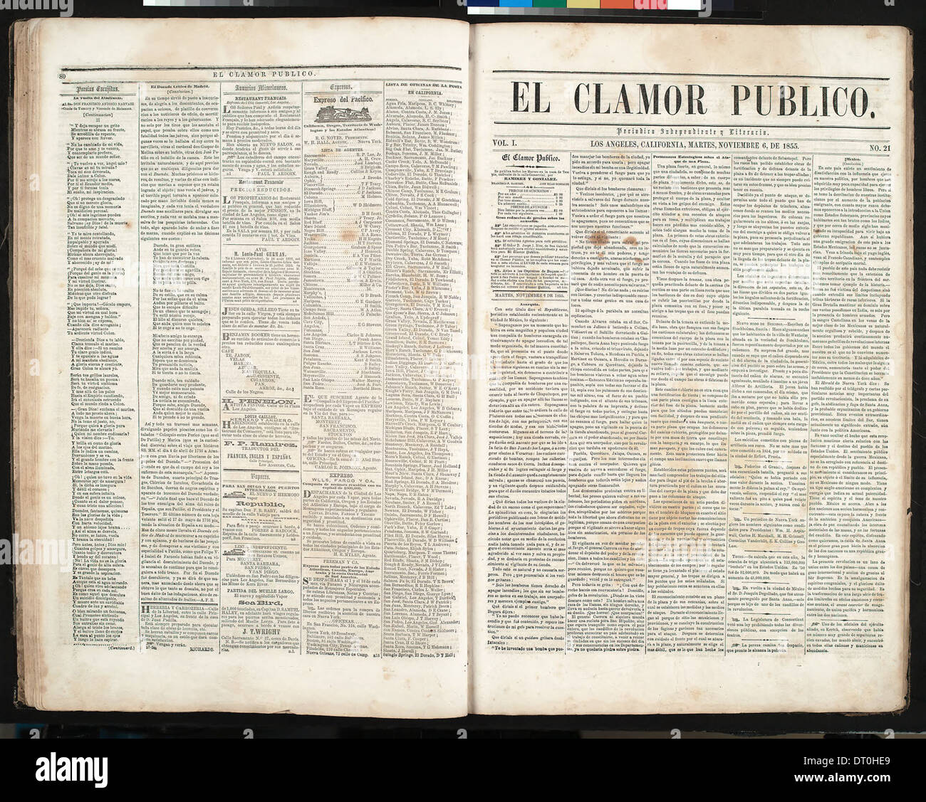 Un numéro de *El Clamor Publico*, volume I, numéro 21, du 6 novembre 1855, un journal historique en langue espagnole qui documente l'histoire américano-mexicaine en Californie. Banque D'Images