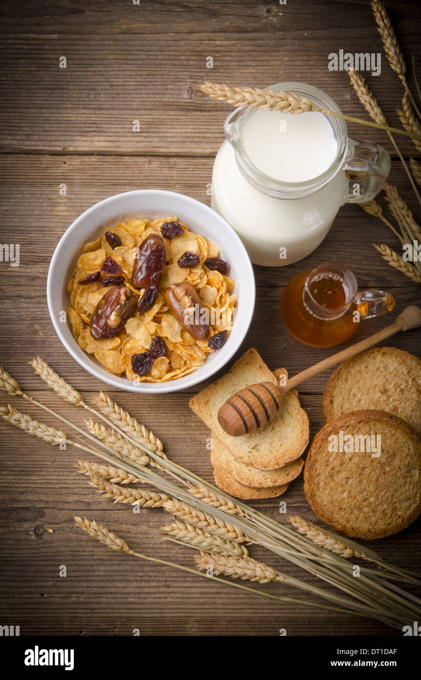 Muesli avec du lait faible en gras et rusk Banque D'Images
