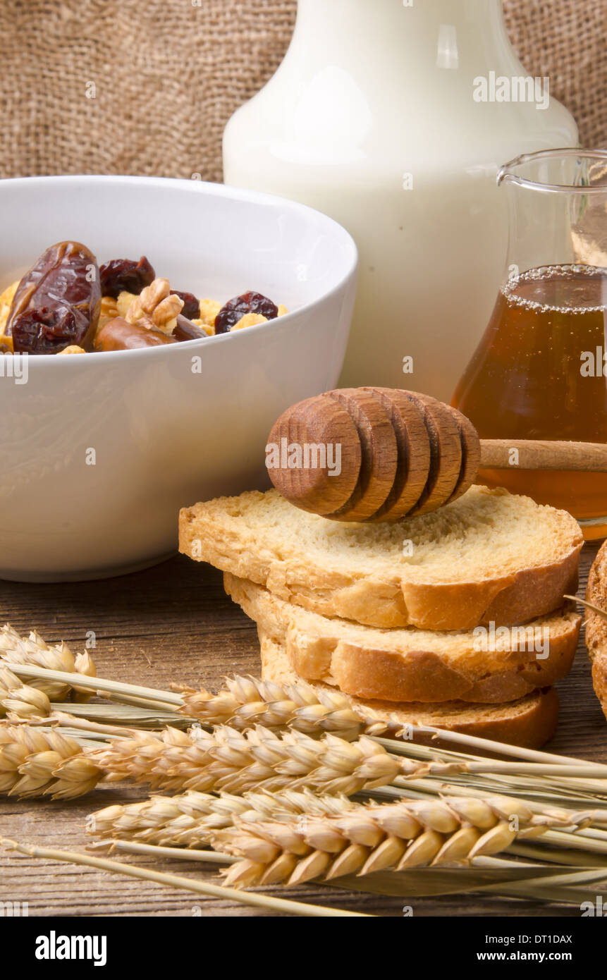 Muesli avec du lait faible en gras et rusk Banque D'Images