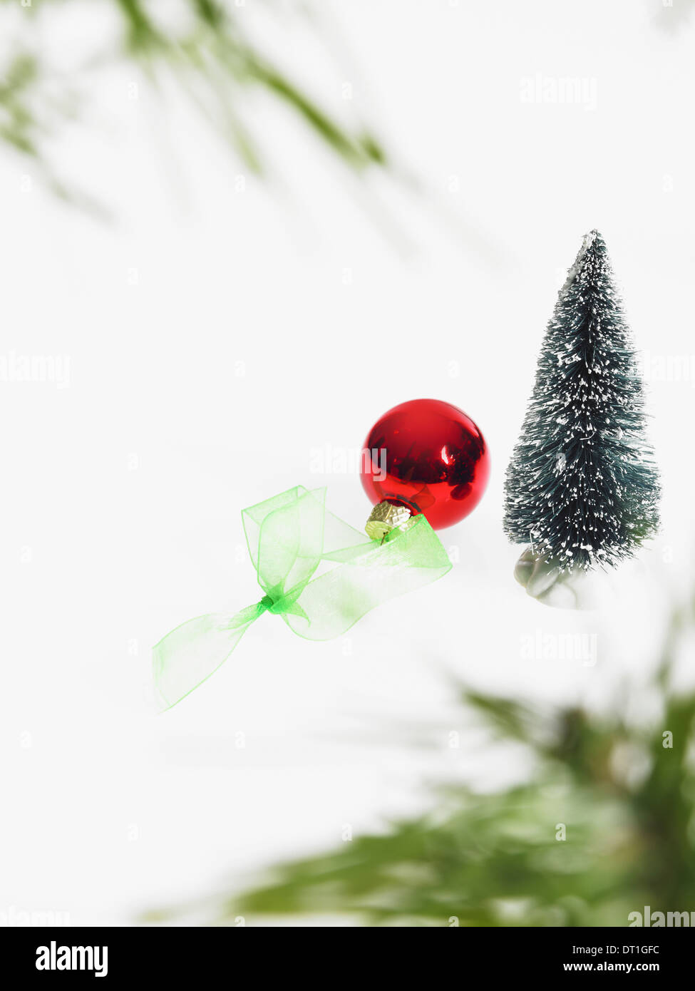 Feuillage vert feuille morte et décorations une branche d'arbre de pin avec les aiguilles vertes décorations de Noël un ornement Banque D'Images