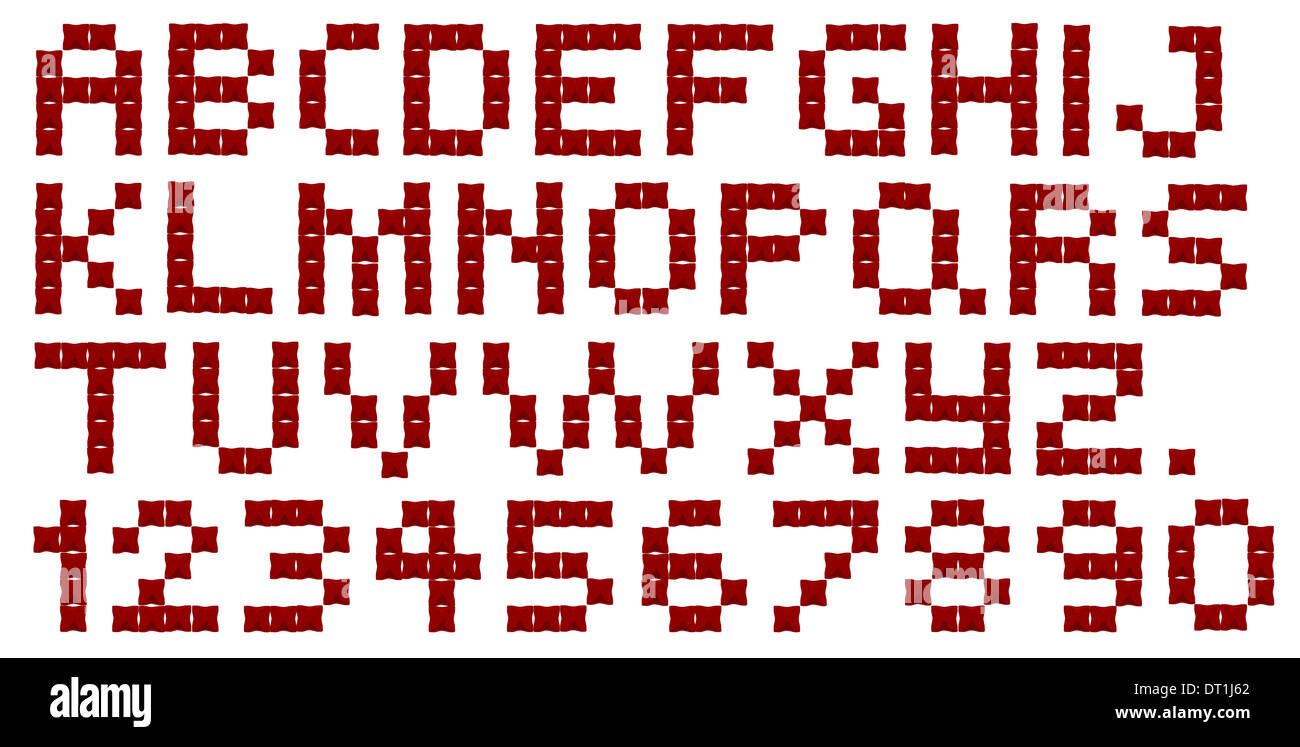 Un alphabet et numéros de point de croix sur un fond blanc. Banque D'Images